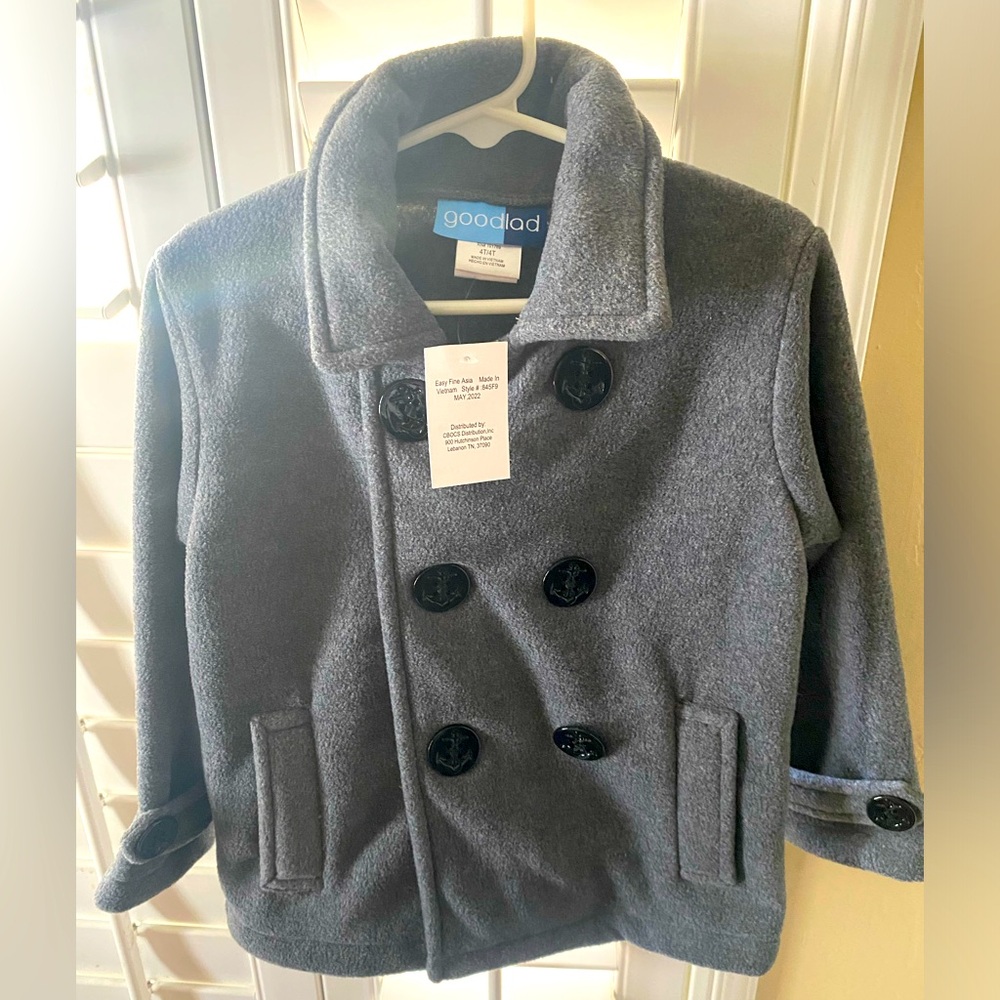 NWT young girls fleece peacoat. Gray with black buttons.